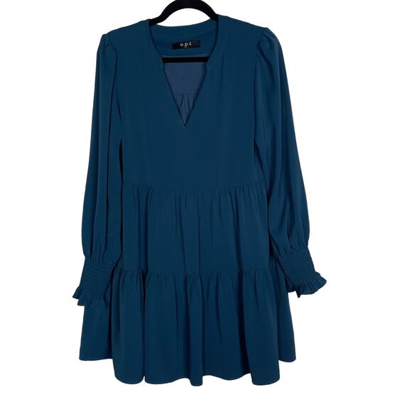 OPT Small Teal Blue Bay VNeck Tiered Long Sleeve Dress Cocktail Smocked Cuffs - Picture 1 of 12